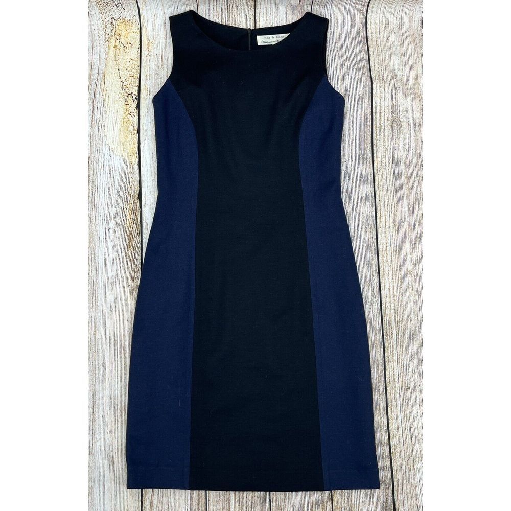 RAG & BONE Sheath Dress Size 6 100% Wool Black & Blue Color Block Sleeveless